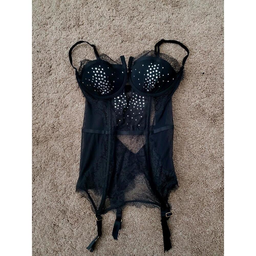 NWT Victoria's Secret Black Rhinestone Embellished Bustier Corset  36D Lingerie